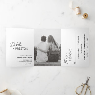 Dahlia Black and White Contemporary Modern Wedding Tri-Fold Invitation
