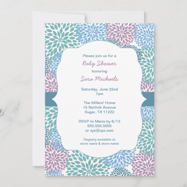 Dahlia blooms girl baby shower invite 3541 (Front)