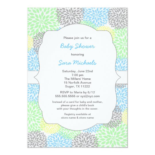 Dahlia blooms neutral baby shower blue mint grey card