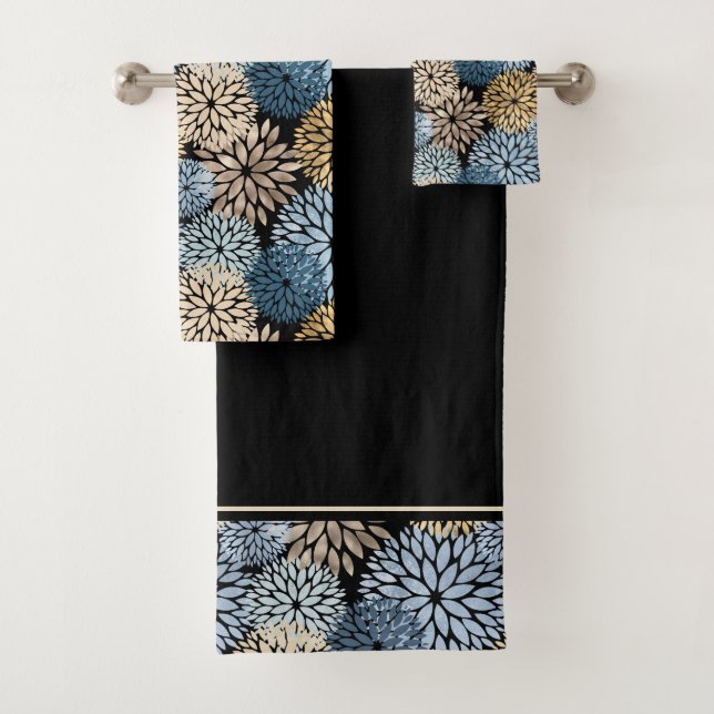 Dahlia Blue Gold Floral Pattern Bath Towel Set (Insitu)