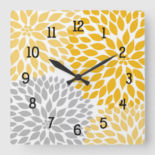 Dahlia Bouquet, mustard yellow gray floral Square Wall Clock
