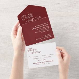 Dahlia Burgundy Contemporary Modern Wedding All In One Invitation
