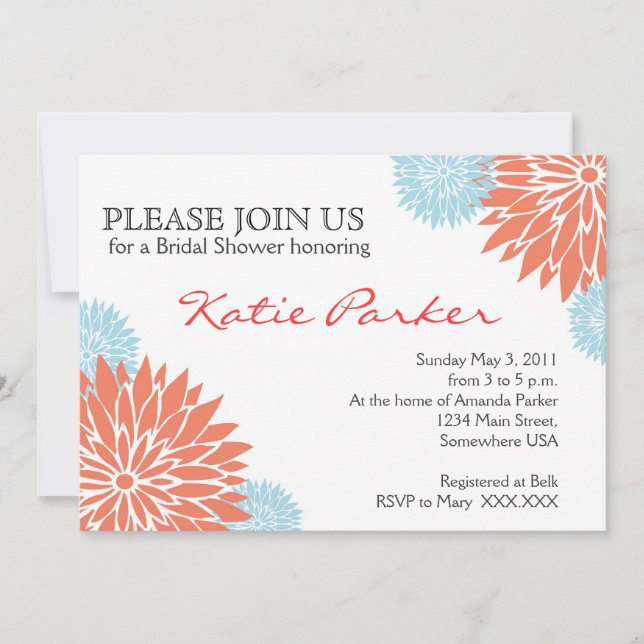 Dahlia Coral and Light blue Flower Invitation (Front)