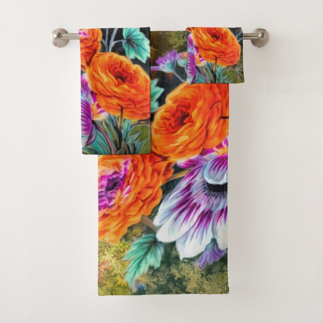Dahlia daisy garden floral green gold orange bath towel set (Insitu)