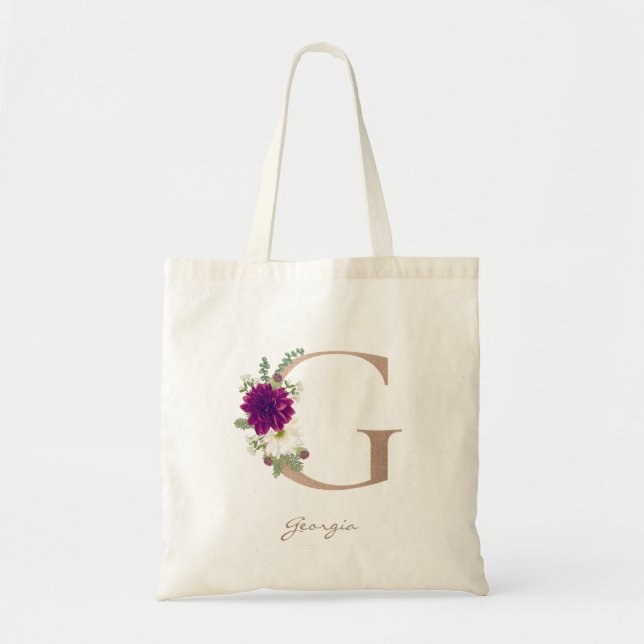 Dahlia floral bouquet rose gold monogram letter  G Tote Bag (Front)