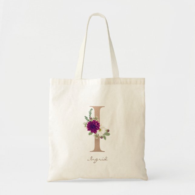 Dahlia floral bouquet rose gold monogram letter I Tote Bag (Front)