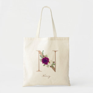 Dahlia floral bouquet rose gold monogram letter N Tote Bag