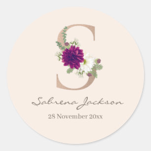 Dahlia floral bouquet rose gold monogram letter S Classic Round Sticker