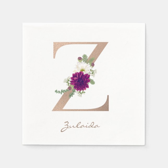 Dahlia floral bouquet rose gold monogram letter z napkin (Front)
