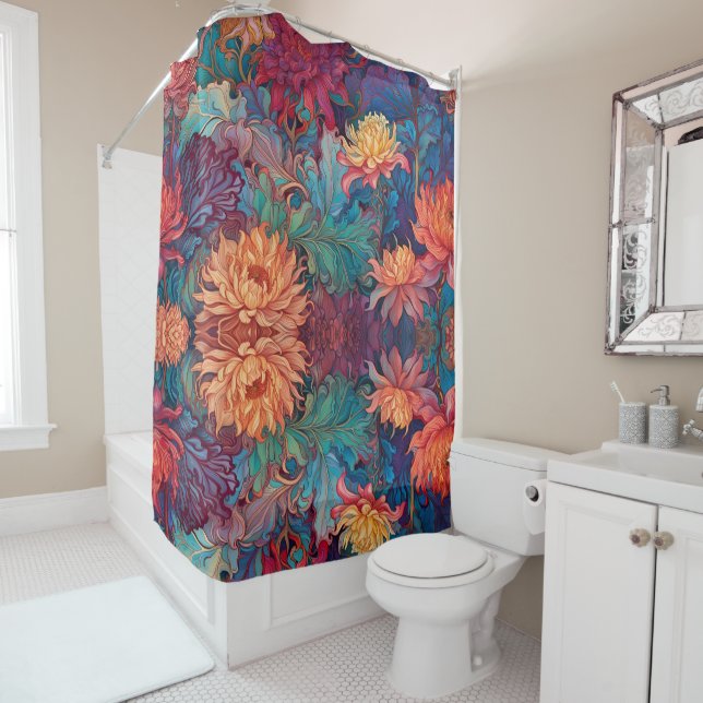 Dahlia Floral Tapestry Shower Curtain (In Situ)