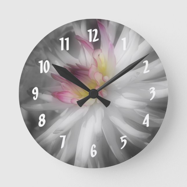 Dahlia Flower In Black And White Round Clock (Front)