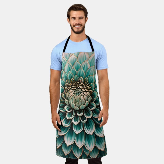 Dahlia Flower in Teal Aqua Blue Digital Art Apron (Worn)