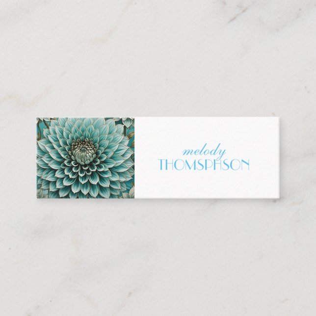 Dahlia Flower in Teal Aqua Blue Digital Art Mini Business Card (Front)