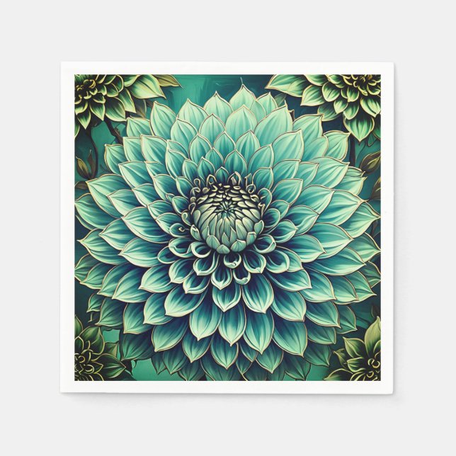 Dahlia Flower in Teal Aqua Blue Digital Art Napkin (Front)