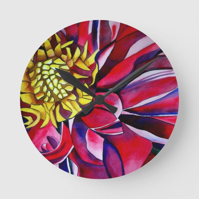 Dahlia flower original abstract watercolor art round clock (Front)