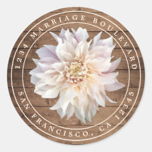 Dahlia Flower Rustic Wood Wedding Return Address Classic Round Sticker