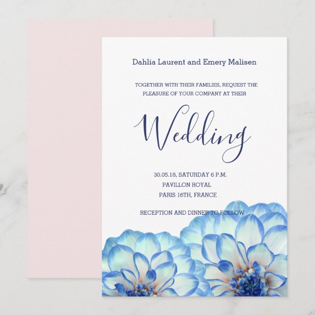 Dahlia flowers blue white blush pink wedding invitation (Front/Back)