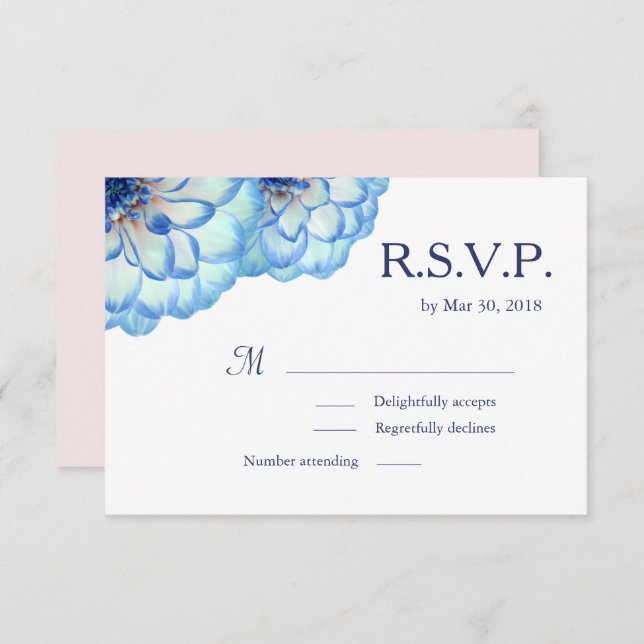 Dahlia flowers blue white pink floral wedding RSVP Invitation (Front/Back)