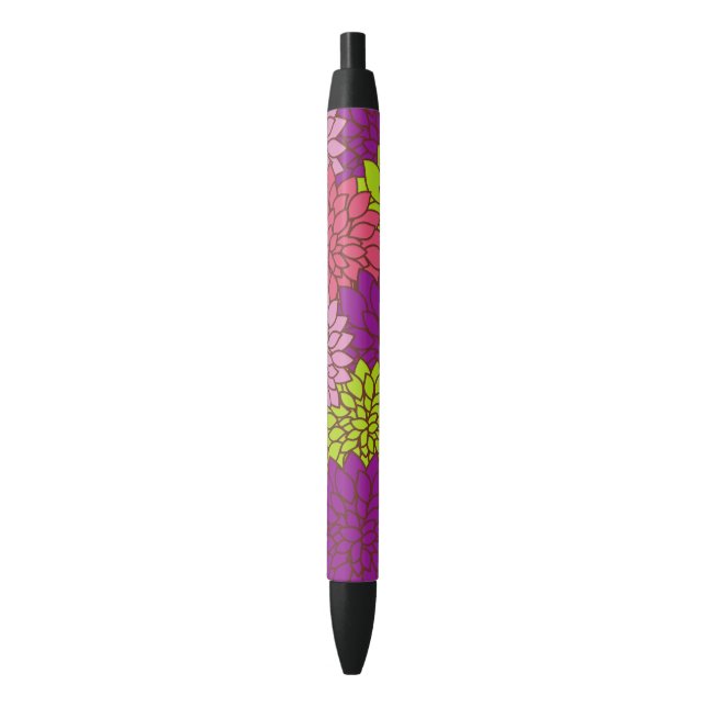 Dahlia Flowers, Colourful Flowers, Floral Pattern Black Ink Pen (Front Vertical)
