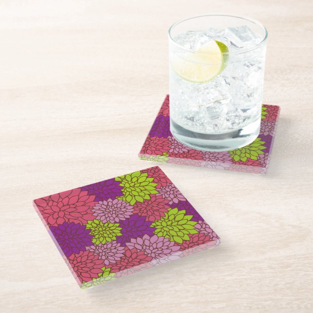 Dahlia Flowers, Colourful Flowers, Floral Pattern Glass Coaster (Angled)