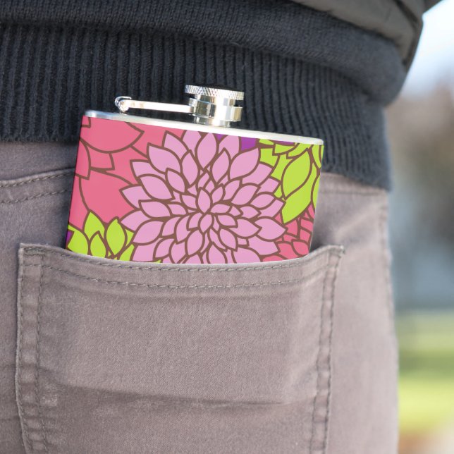 Dahlia Flowers, Colourful Flowers, Floral Pattern Hip Flask (In Situ)