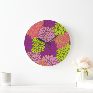 Dahlia Flowers, Colourful Flowers, Floral Pattern Large Clock