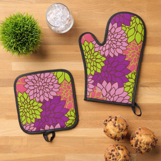 Dahlia Flowers, Colourful Flowers, Floral Pattern Oven Mitt & Pot Holder Set (Top Down)