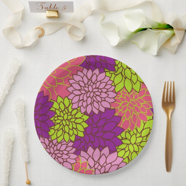 Dahlia Flowers, Colourful Flowers, Floral Pattern Paper Plate (Wedding)