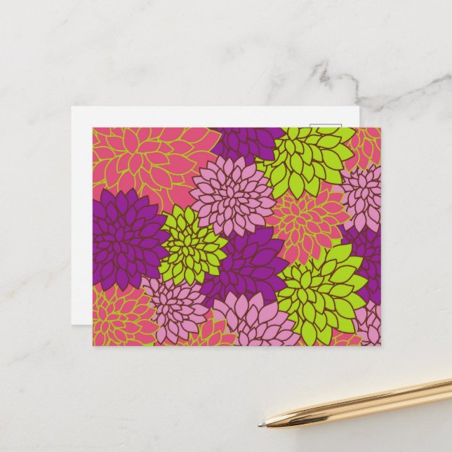 Dahlia Flowers, Colourful Flowers, Floral Pattern Postcard (Front/Back In Situ)