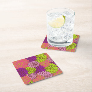 Dahlia Flowers, Colourful Flowers, Floral Pattern Square Paper Coaster