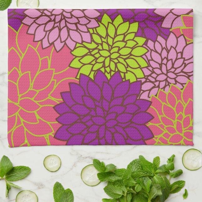 Dahlia Flowers, Colourful Flowers, Floral Pattern Tea Towel (Folded)