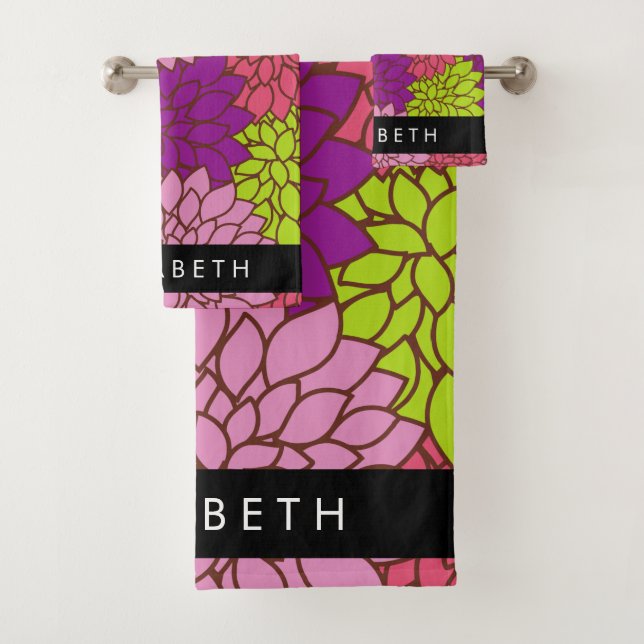 Dahlia Flowers, Colourful Flowers, Your Name Bath Towel Set (Insitu)