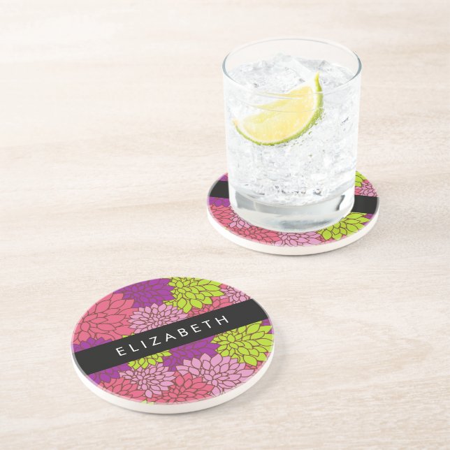 Dahlia Flowers, Colourful Flowers, Your Name Coaster (Side)