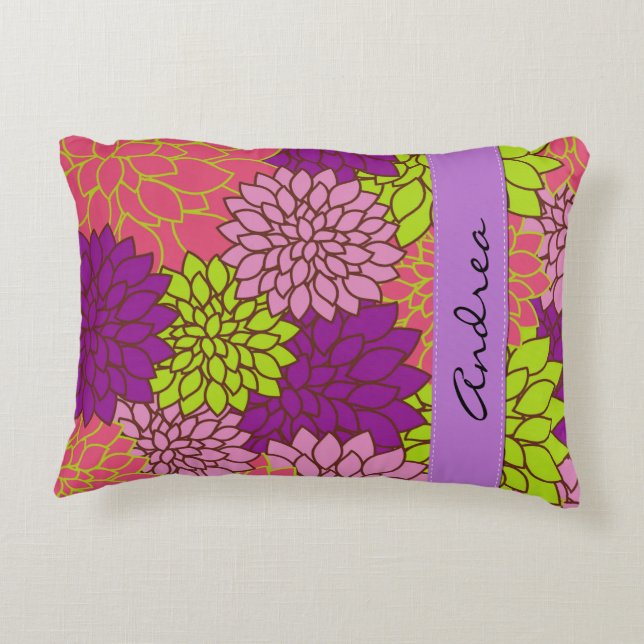 Dahlia Flowers, Colourful Flowers, Your Name Decorative Cushion (Back)