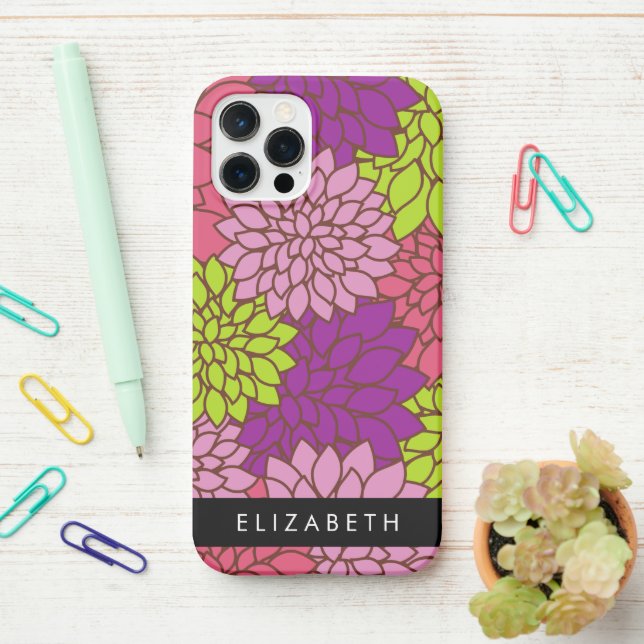 Dahlia Flowers, Colourful Flowers, Your Name iPhone Case (On Desk)