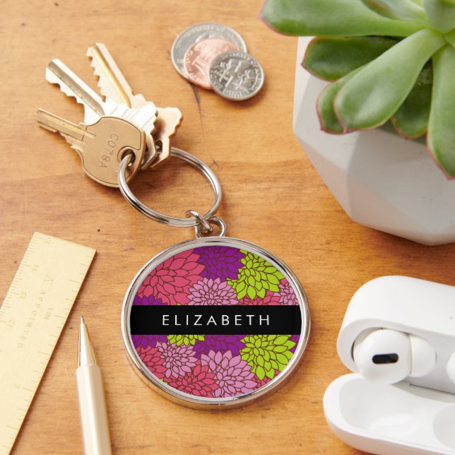 Dahlia Flowers, Colourful Flowers, Your Name Key Ring (Desk)