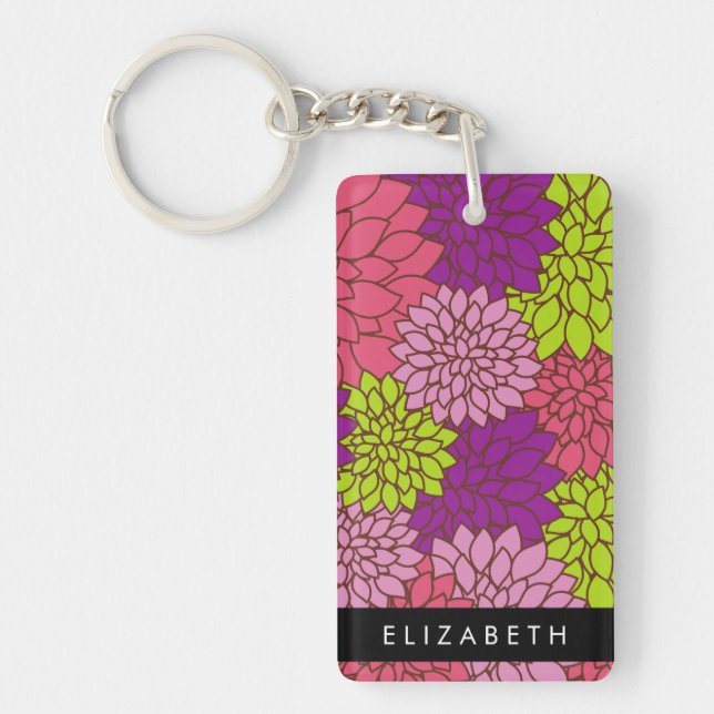 Dahlia Flowers, Colourful Flowers, Your Name Key Ring (Front)