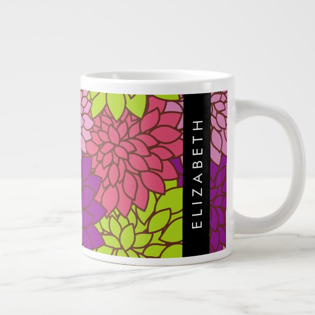 Dahlia Flowers, Colourful Flowers, Your Name Large Coffee Mug (Right)