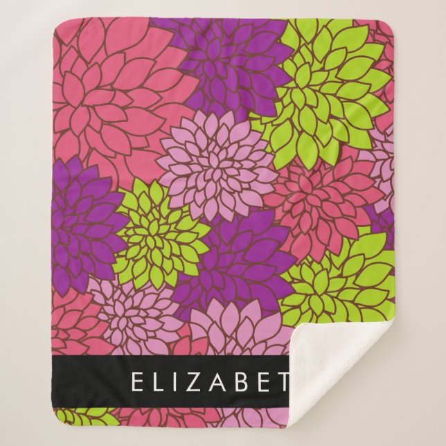 Dahlia Flowers, Colourful Flowers, Your Name Sherpa Blanket (Front)