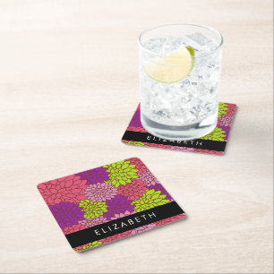 Dahlia Flowers, Colourful Flowers, Your Name Square Paper Coaster