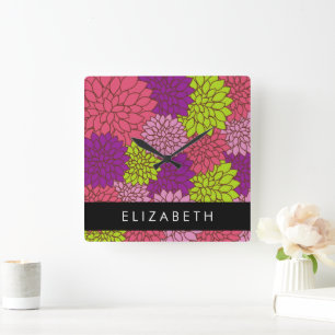Dahlia Flowers, Colourful Flowers, Your Name Square Wall Clock