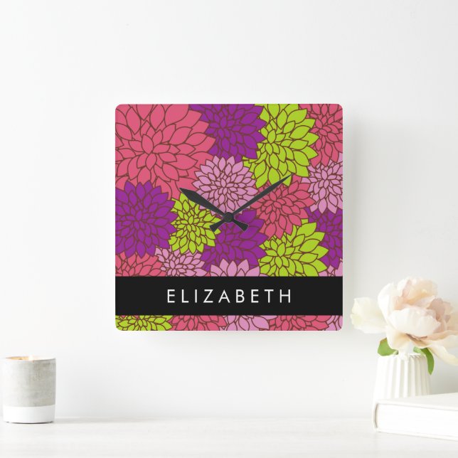 Dahlia Flowers, Colourful Flowers, Your Name Square Wall Clock (Home)