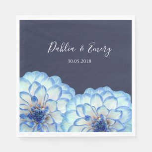 Dahlia flowers dark navy blue white floral wedding napkin