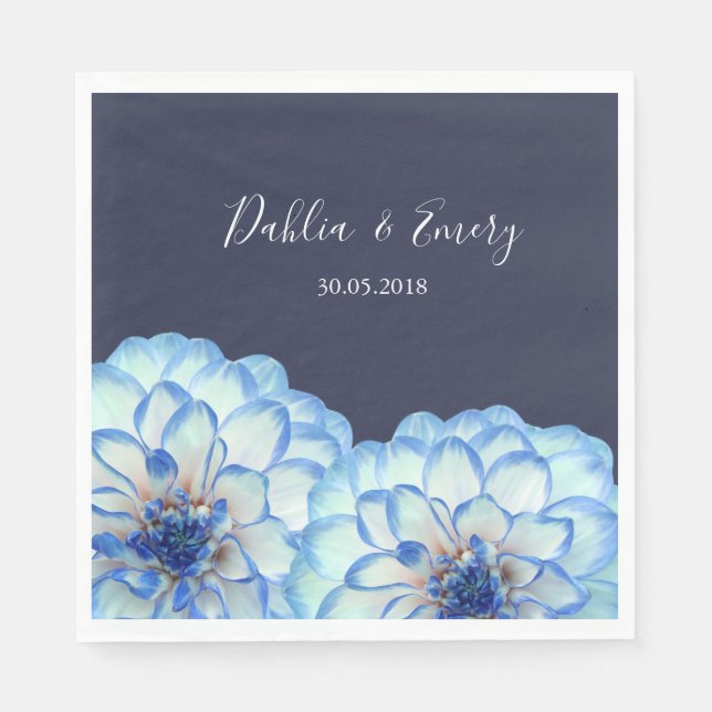 Dahlia flowers dark navy blue white floral wedding napkin (Front)