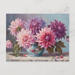 Dahlia Flowers in a Vase Still Life Illustration Postcard
