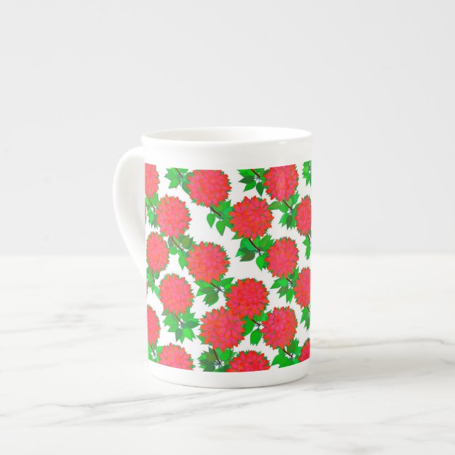 Dahlia flowers in deep red bone china mug (Front Left)