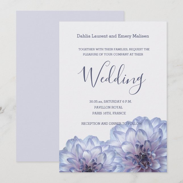 Dahlia flowers Lilac Blue Grey wedding invitation (Front/Back)