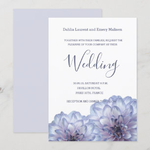 Dahlia flowers lilac blue white wedding invitation