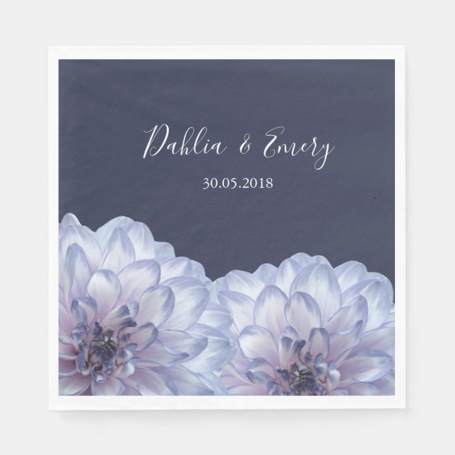 Dahlia flowers lilac dark navy blue floral wedding napkin (Front)