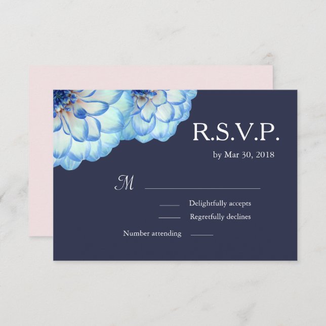 Dahlia flowers navy blue blush floral wedding RSVP Invitation (Front/Back)